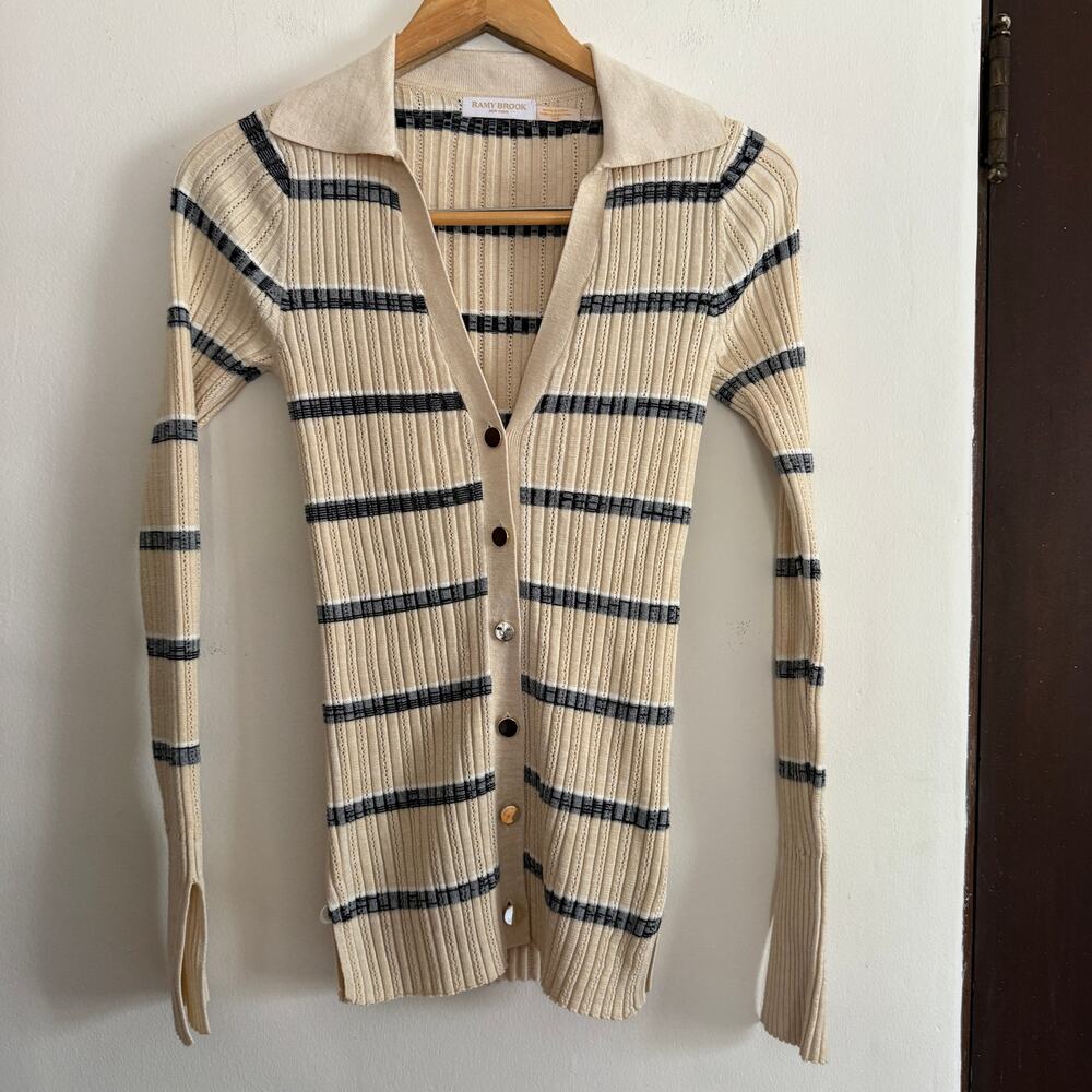 RAMY BROOK | Cream and Black Ribbed Slim Fit Collared Cardigan Sweater Medium